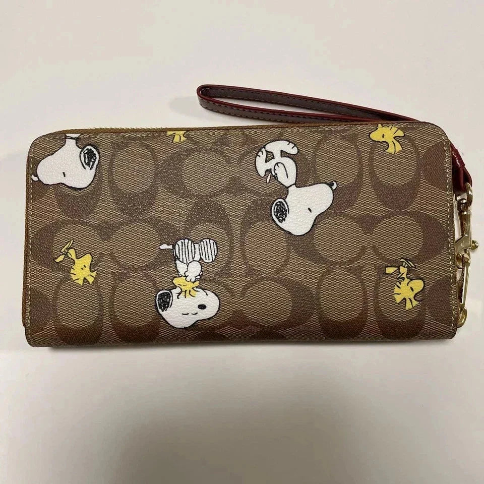 COACH x PEANUTS Long Zip around Wallet Snoopy Woodstock Khaki Signature