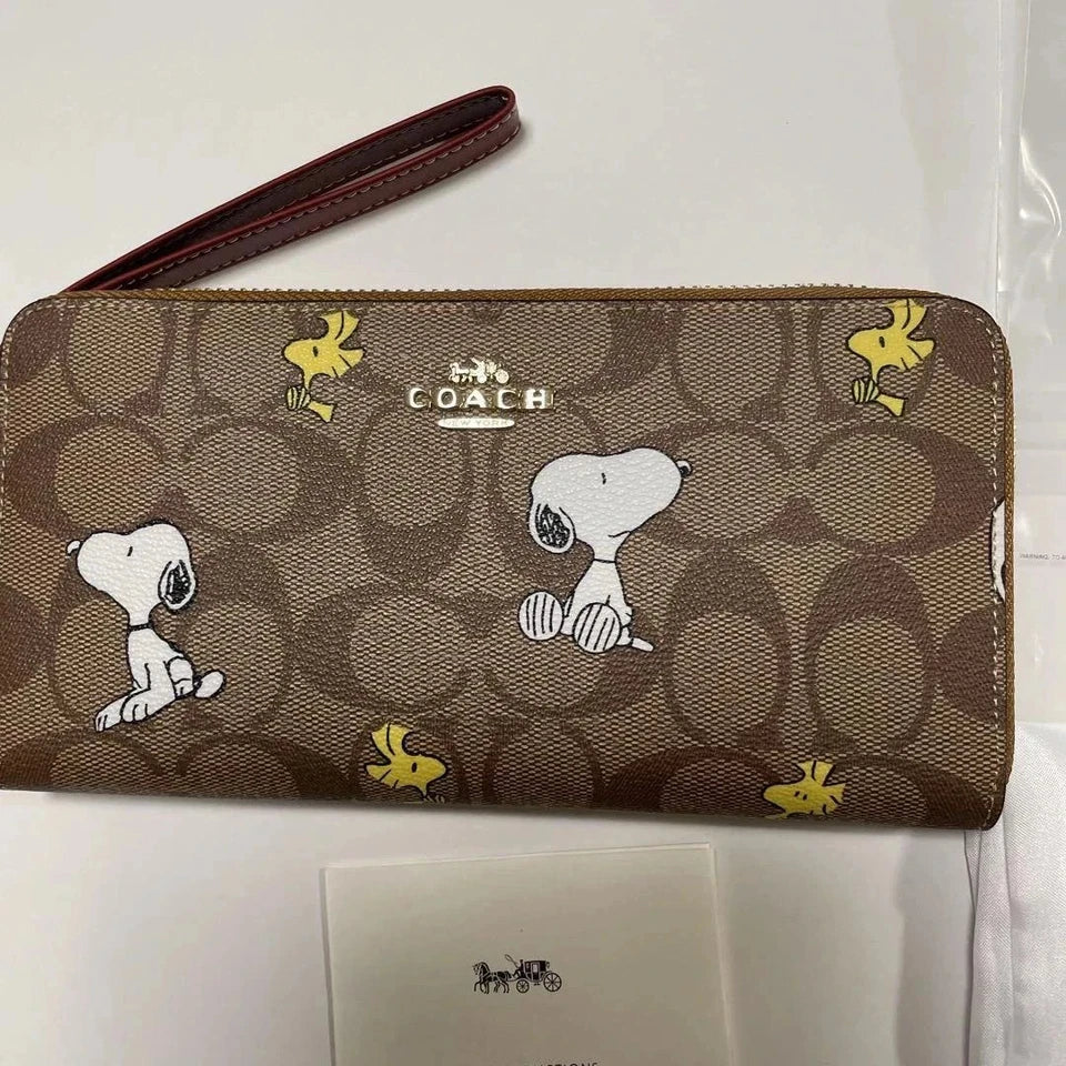 COACH x PEANUTS Long Zip around Wallet Snoopy Woodstock Khaki Signature