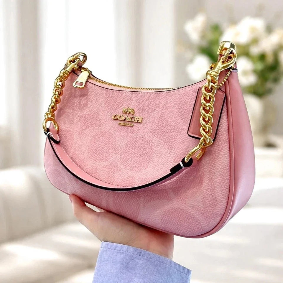 Coach Teri Shoulder Bag in Signature Canvas – Gold & Powder Pink Women's Handbag