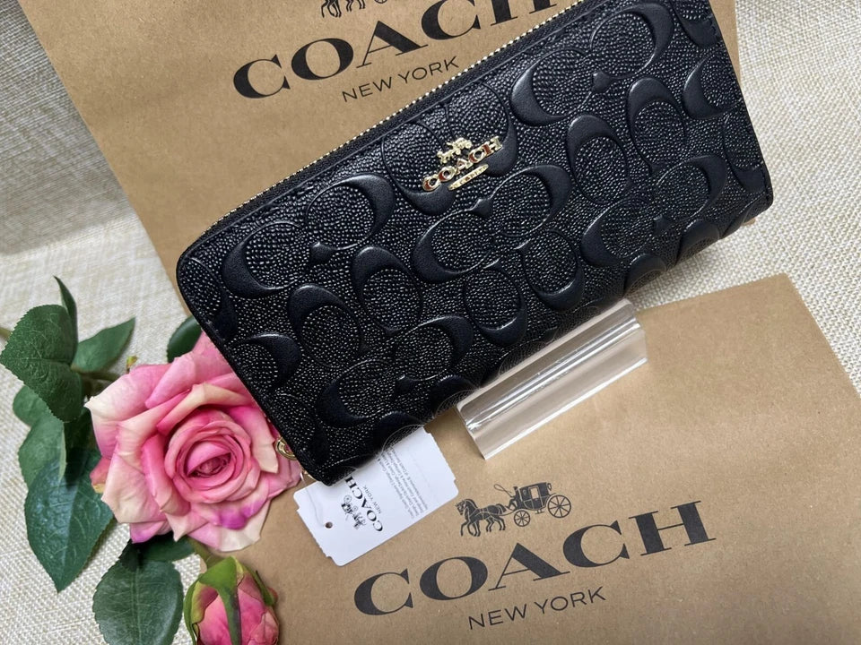 Coach F53834 Long Zip Around Wallet Signature Leather Black