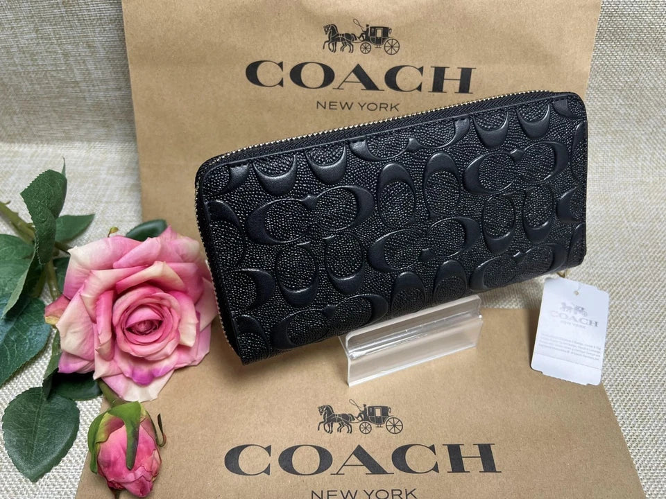 Coach F53834 Long Zip Around Wallet Signature Leather Black