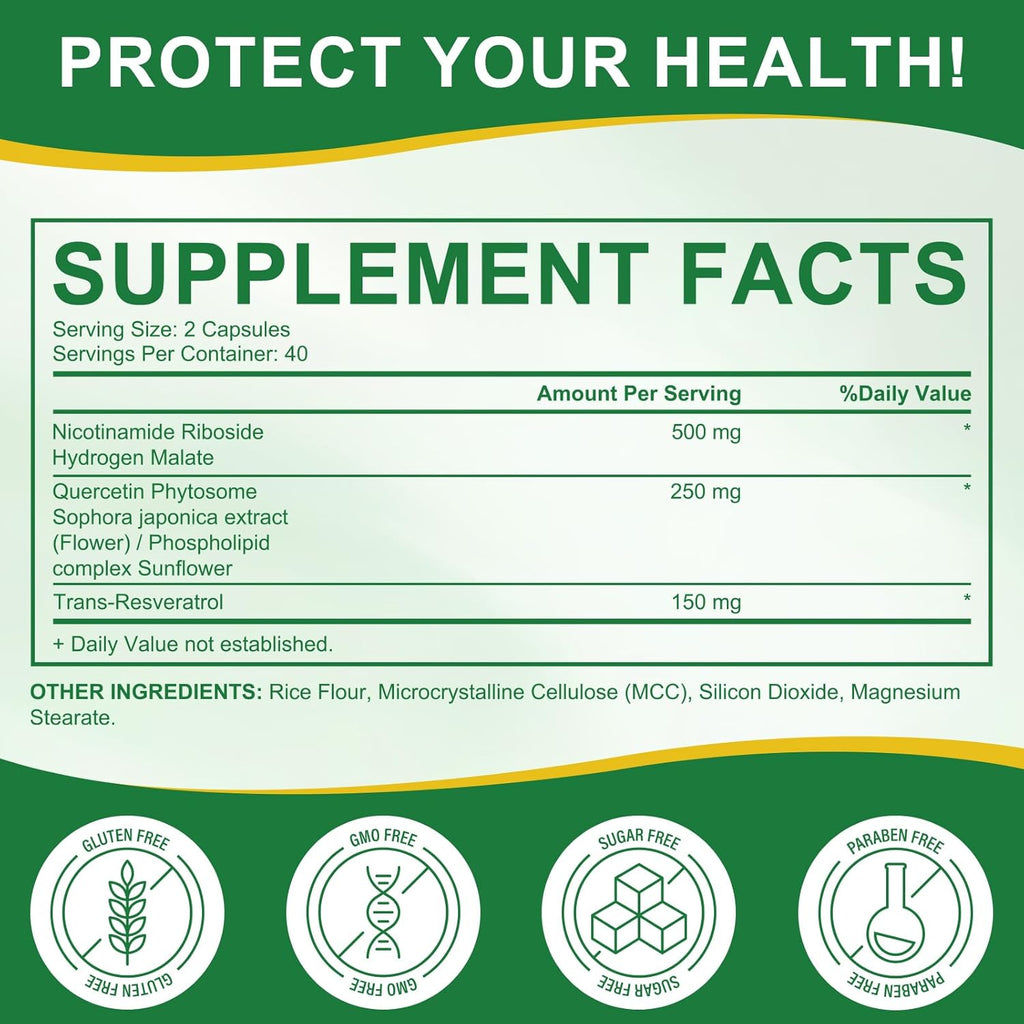 NAD+ Supplement with Nicotinamide Riboside, Resveratrol & Quercetin – Daily Energy & Cellular Wellness Support | 80 Capsules