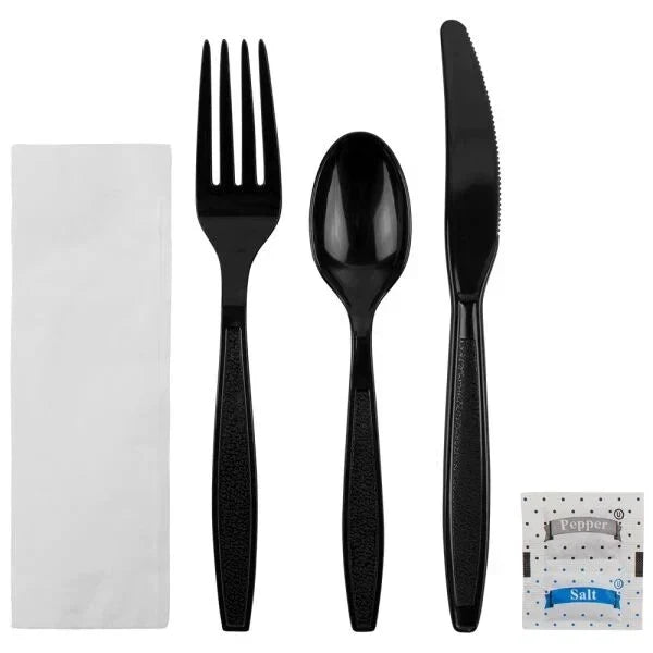 PS Plastic Heavy Weight Cutlery Kits with Salt and Pepper - Black
