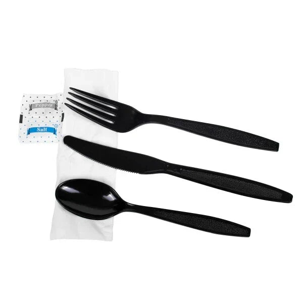 PS Plastic Heavy Weight Cutlery Kits with Salt and Pepper - Black