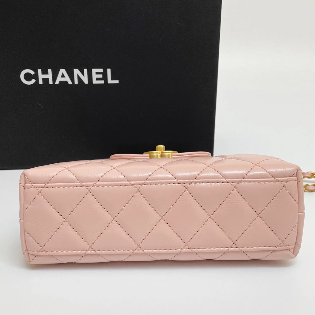 CHANEL Kelly Mini Shopping Pink Shiny Calfskin Quilted Handbag Crossbody Bag 23K