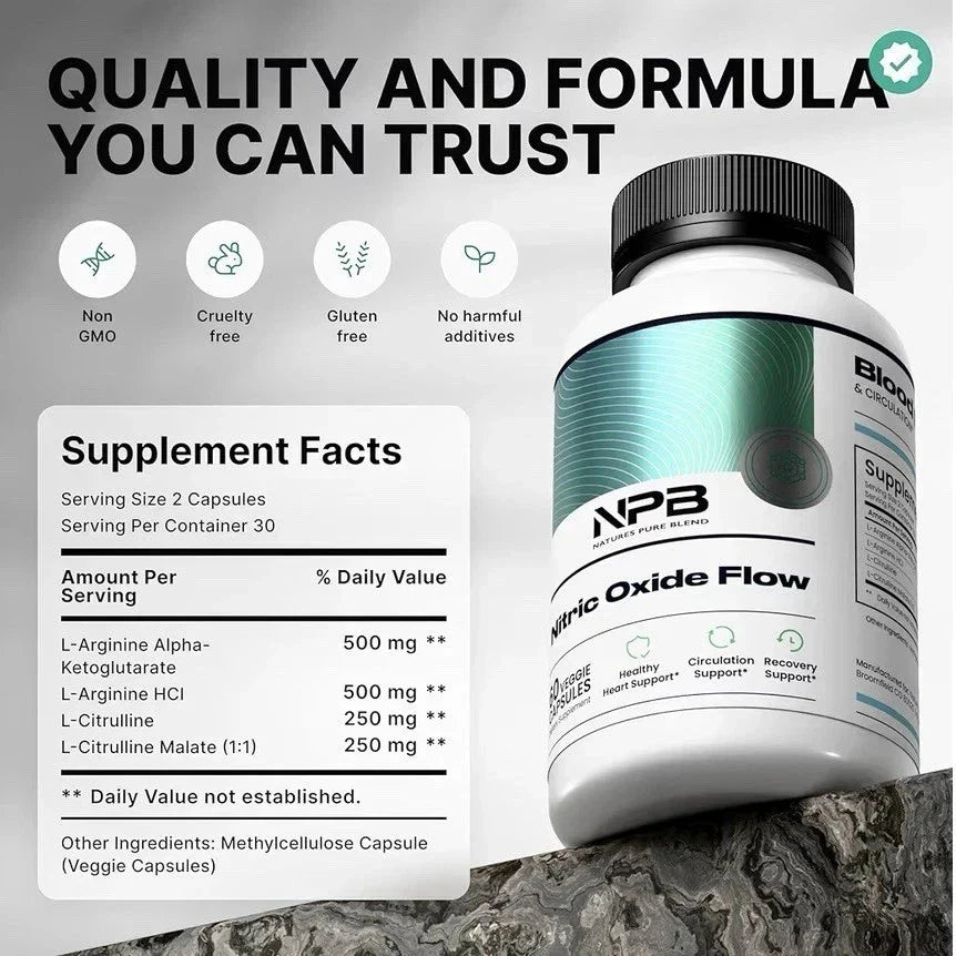 L-Arginine Nitric Oxide Support Supplement – Heart & Circulation Wellness Formula – 60 Capsules