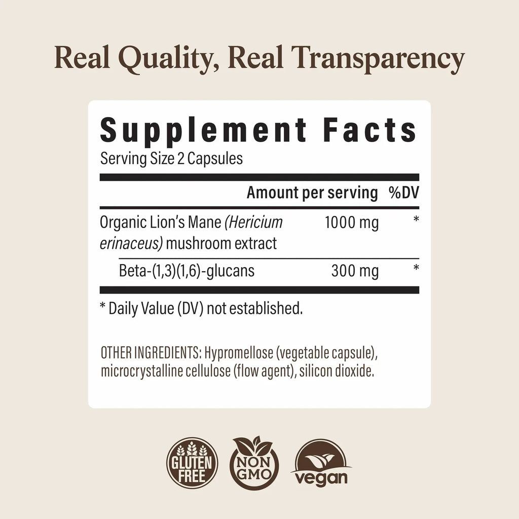Real Mushrooms Organic Lions Mane Mushroom Capsules - 120 Count