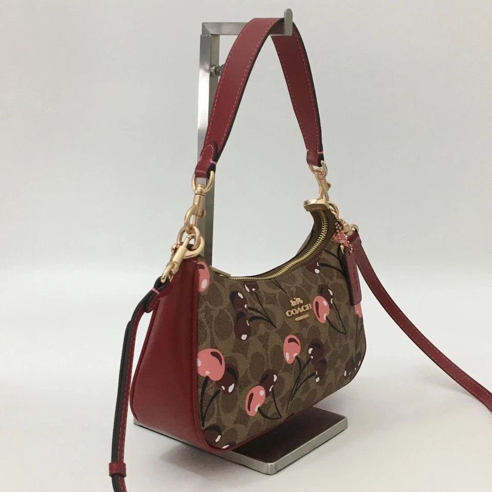 NWT COACH CY694 Teri Shoulder Bag Signature Canvas Cherry Print Tan Brown Outlet